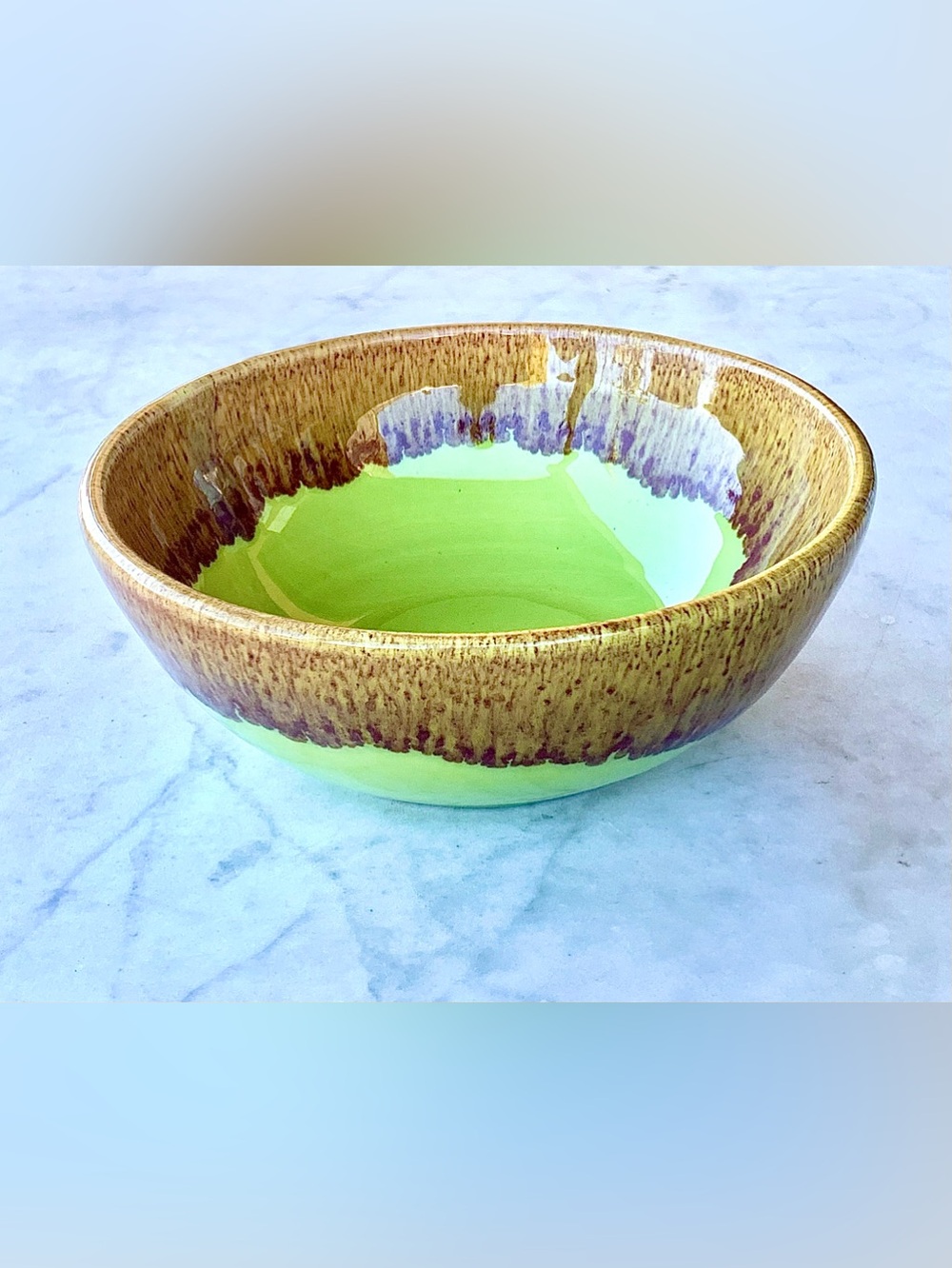 WINART POTTERY Bowl CHARTREUSE BROWN DRIP VOLCANO 7 IN VINTAGE MID-CENTURY